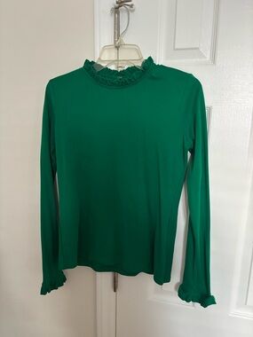 Ann Taylor Emerald Green Ruffle Mock Neck Long Sleeve Top